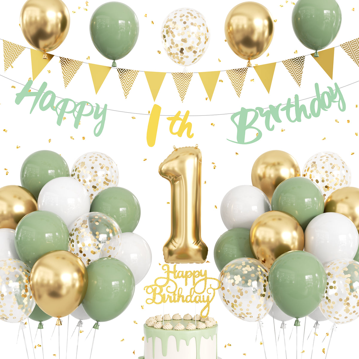 1st Birthday Decoration for Boy Girl, Sage Green Gold White Balloons 1st Birthday Banner , Number 1 Balloon, Gold Bunting, Cake Topper for Baby Wild One Party First Birthday Decorations