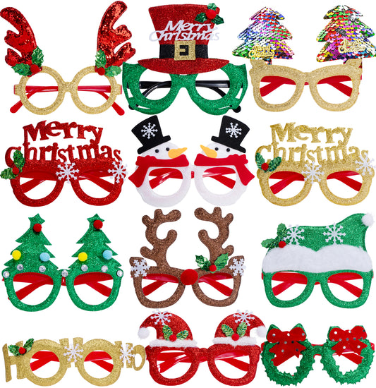 12Pcs Christmas Glasses,Glitter Holiday Glasses Frame Funny Xmas Glasses Novelty Costume Eyeglasses Christmas Decorations Accessories for Christmas Party Supplies Favors Photo Props