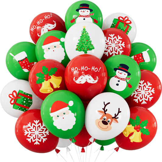 Christmas Balloons, 50 Pcs 12 Inch Christmas Print Balloon, 9 Styles Christmas Party Balloons, Red Green White Latex Balloons, Christmas Decorations for Xmas Winter Wonderland Birthday Parties