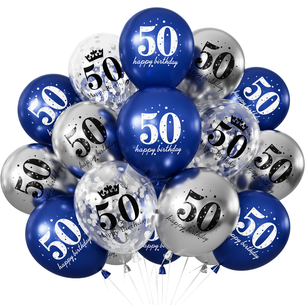 50th Birthday Balloons - 24Pcs Blue and Silver Balloons for birthday 12 Inch Happy Birthday Balloons, Navy Blue and Silver Confetti Balloons for Boys & Girls, 50th Birthday Party Decorations