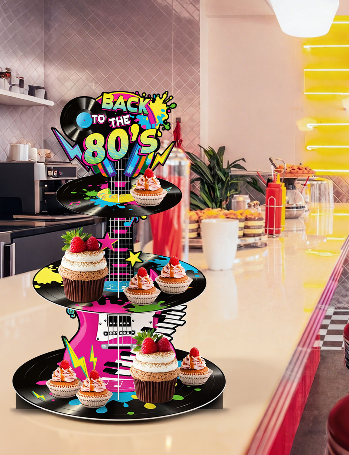 3 Tier 80s Cupcake Stand, Back To The 80's Guitar Cupcake Holder 1980s Cardboard Cupcake Stand, Neon Rock Cup Cake Stand for Dessert Stand, Hip Hop Rock Disco Music Birthday Party Decoration
