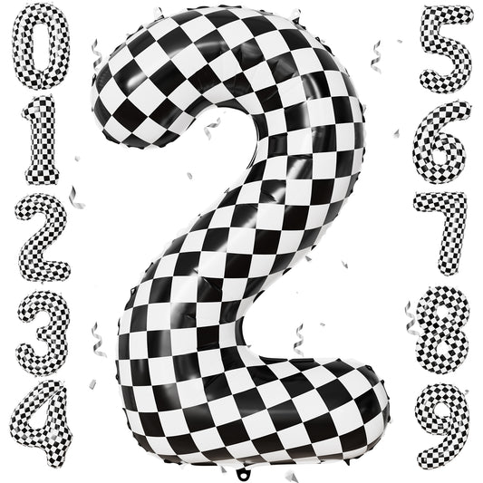 40 Inch Checkered Number 2 Balloon for Racing Birthday Decorations Large Number 2 Balloon, Black and White Foil Balloon for Birthday, Baby Shower, Race Car and Checkered Flag Party Decorations