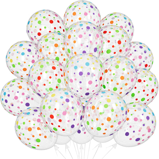 50 Pcs Polka Dot Balloons - 12 Inch Clear Balloons with Pastel Dots Colourful Polka Dot Balloons Multicoloured Rainbow Transparent Balloons for Birthday Wedding Rainbow Theme Party Decorations