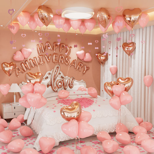 Rose Gold Anniversary Decorations Set, Heart Balloons with Happy Anniversary Banner and LOVE Foil Balloon, Romantic Decorations for a Special Night, Valentines Day Anniversary Party Surprise