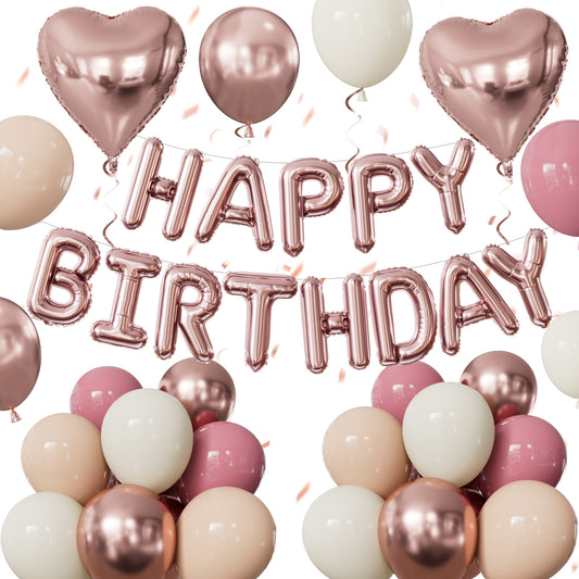 Rose Gold Happy Birthday Balloon Banner - Rose Gold Birthday Decorations with Dusty Pink Nude Sand White Latex Balloons, Heart Foil Balloons for Women Girls Birthdays Party Decorations
