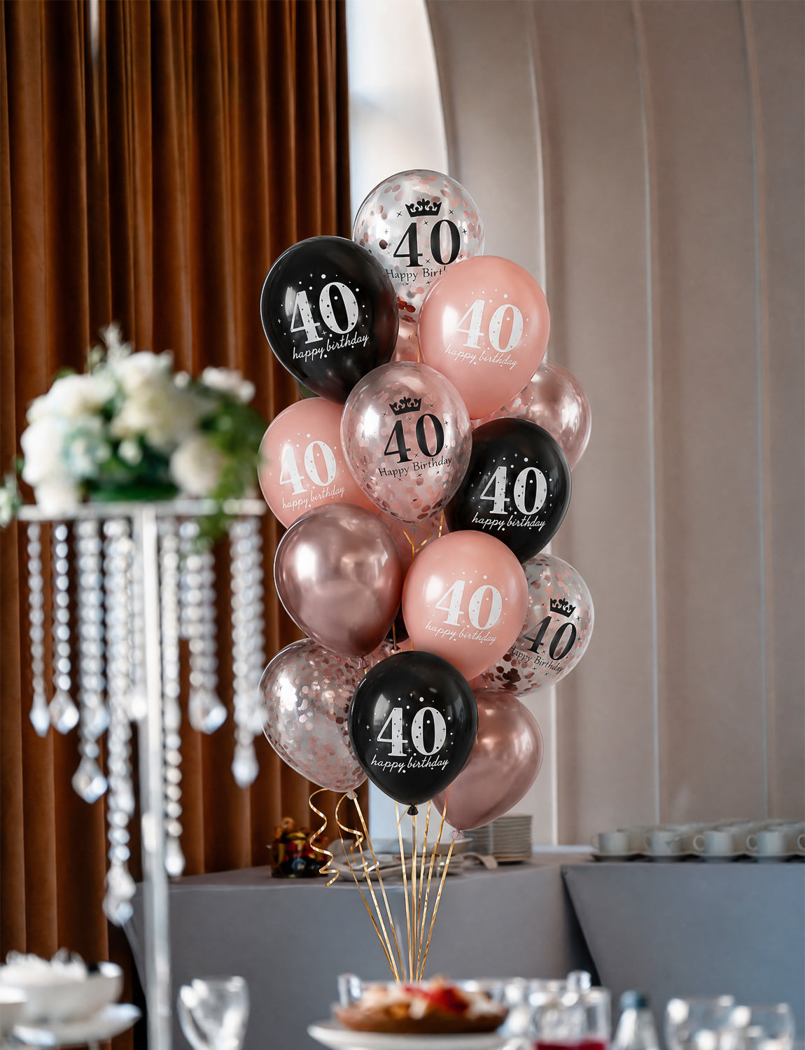 40th Birthday Balloons, Rose Gold and Black Balloons for Party Decor 24 Pcs 12 Inch Happy Birthday Balloons, Metallic and Pearl Rose Gold Balloons with Confetti, 40th Birthday Party Decorations