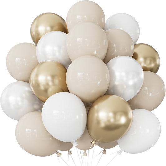 Adeyoo White and Gold Balloons - 12 Inch Beige White and Metallic Gold Latex Balloons, Neutral Party Balloon for Boho Wedding Bridal Engagement Birthday Anniversary Party Decorations