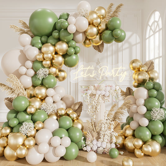Green and Gold Balloon Arch Kit Garland - Sage Green Balloon Arch Kit with White and Gold Balloons for Jungle Safari Birthday Wedding Baby Shower Graduation Party Decorations