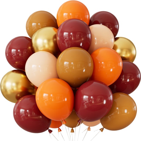 Fall Balloons, 50Pcs Burgundy Gold Balloons for Thanksgiving Decor | 12 Inch Autumn Balloons with Burgundy, Orange, Brown Tan and Metallic Gold for Harvest Birthday Wedding Party Decorations