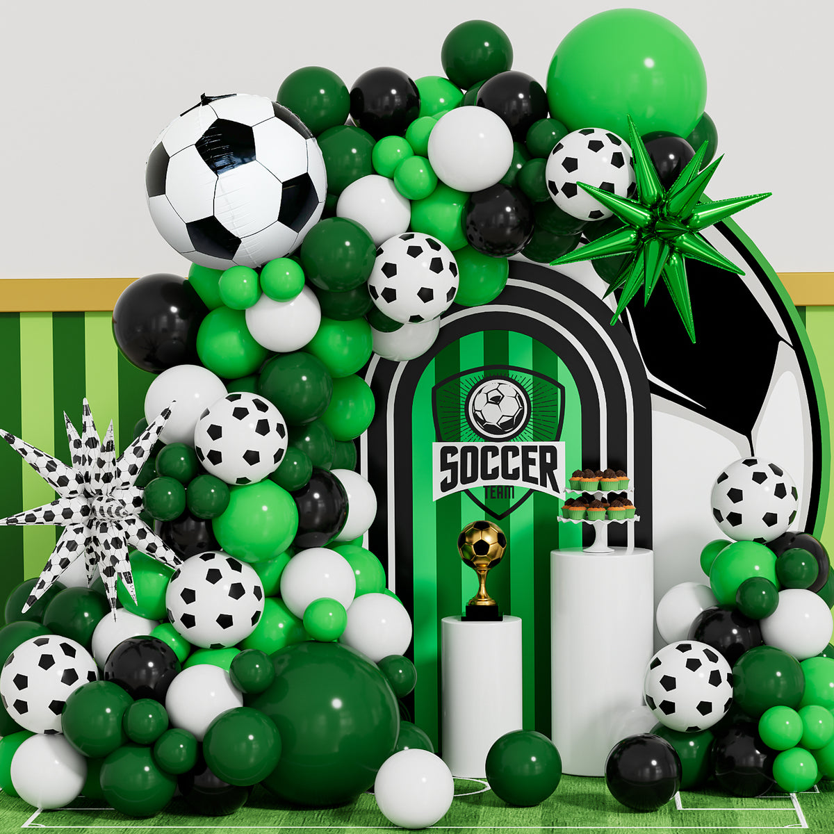 Football Balloon Garland Arch Kit, 115 Pcs Green Black White balloon Black and White Balloons, Football Print Star Foil Balloons, Football Birthday Decorations for Boys Soccer Sports Fan Party
