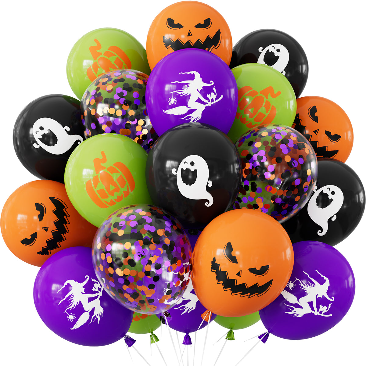 Halloween Balloons, 50 Pcs 12 Inch Black Orange Purple Green Balloon Halloween Latex Balloons with Confetti, Witch Pumpkin Ghost Print Balloons, Halloween Decorations for Spooky Birthday Party