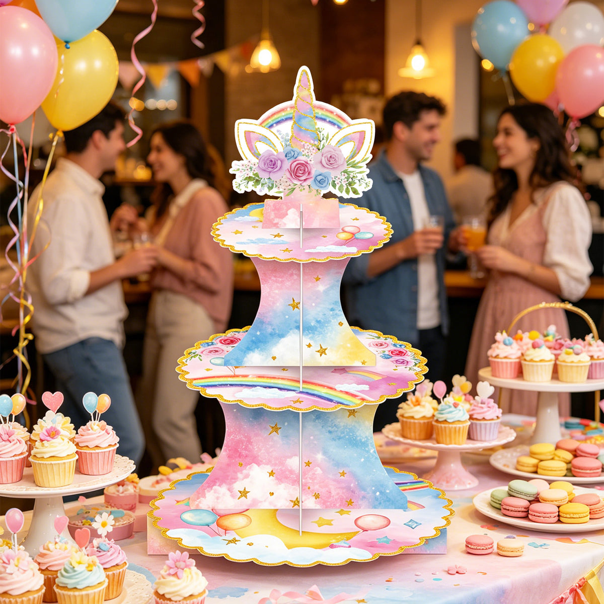 3 Tier Rainbow Cupcake Stand, Pastel Cake Stand for Rainbow Decor Pink Blue Cardboard Cupcake Holder for Dessert Table Display, Rainbow Birthday Decorations for Girls' Magical Floral Party