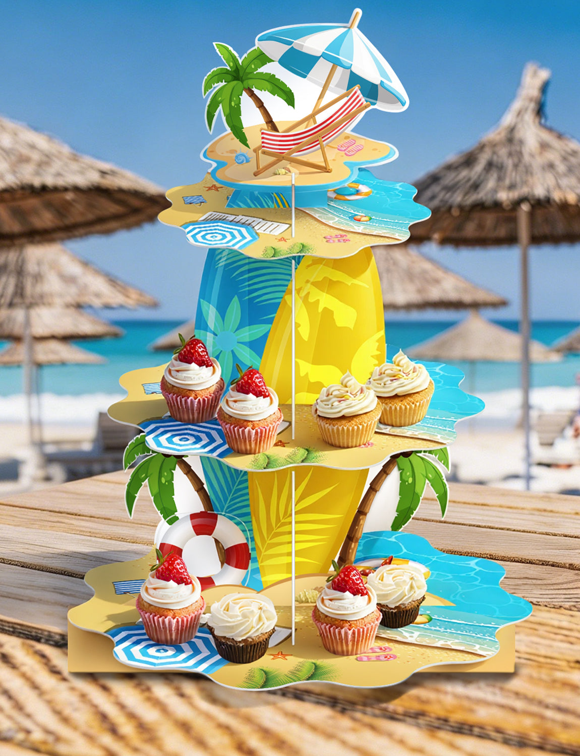 3 Tier Summer Beach Cupcake Stand, Pool Cupcake Holder Cardboard Cupcake Stand for Dessert Table Displays, Hawaiian Party Decorations for Summer Beach Tropical Pool Birthday