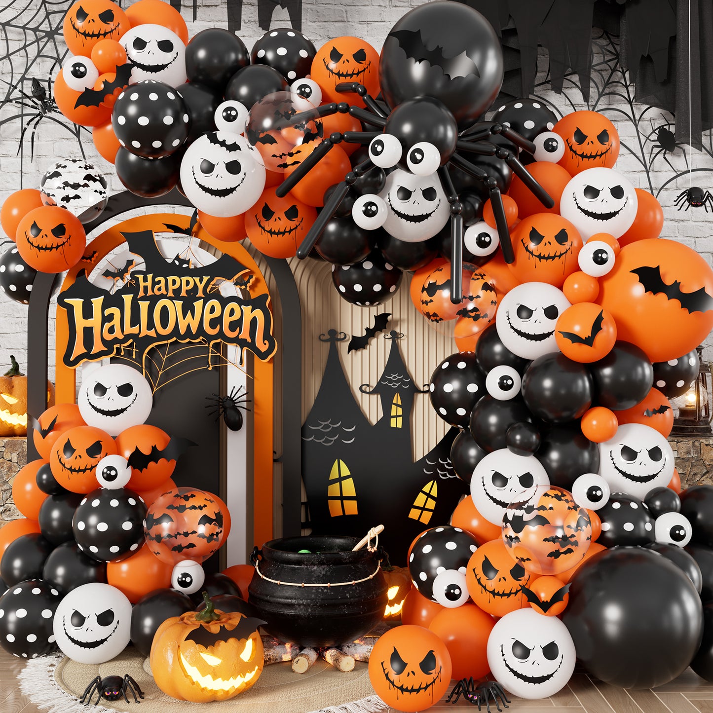 Halloween Balloon Garland Arch Kit, Black Orange White Balloons 134 Pcs Halloween Balloons with Eyeball, Bats and Ghost Face Print, 3D Bat Stickers for Birthday and Spooky Party Decorations