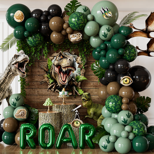 Dinosaur Birthday Party Decorations, 133Pcs Green and Black Balloon Arch Kit with ROAR Foil Balloons and Dinosaur Stickers, Jungle Dinosaur Party Supplies for Boys Birthday Baby Shower
