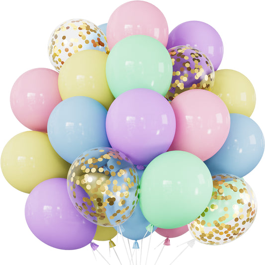 Pastel Balloons, 12 In Macaron Pink Blue Green Purple Yellow Balloon 48 PCS Pastel Rainbow Balloons, Colorful Balloons with Confetti, for Unicorn Birthday Baby Shower Princess Party Decorations