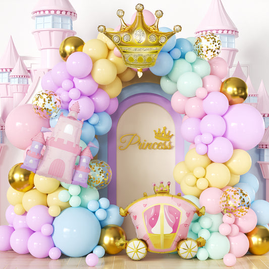 Adeyoo Princess Balloon Garland Arch Kit, Multicolor Pastel Balloons with Castle Carriage and Crown Foil Balloons for Princess Birthday Decorations, Girls Birthday Party Baby Shower Supplies, 136Pcs