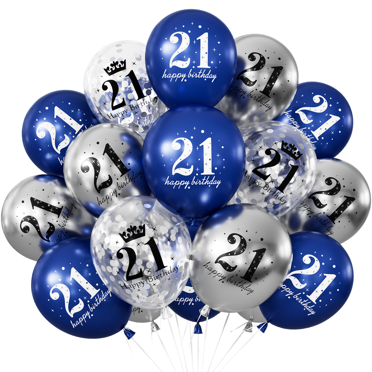 21st Birthday Balloons - 24Pcs Blue and Silver Balloons for birthday 12 Inch Happy Birthday Balloons, Navy Blue and Silver Confetti Balloons for Boys & Girls, 21st Birthday Party Decorations