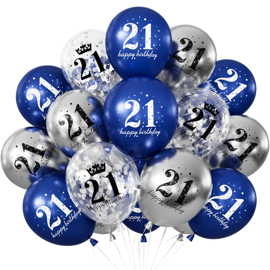 21st Birthday Balloons - 24Pcs Blue and Silver Balloons for birthday 12 Inch Happy Birthday Balloons, Navy Blue and Silver Confetti Balloons for Boys & Girls, 21st Birthday Party Decorations