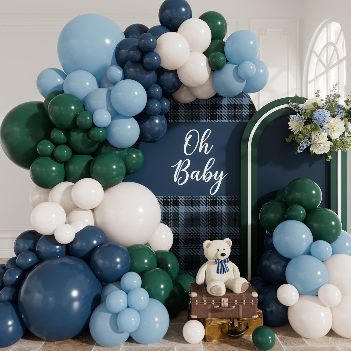 Blue and Green Balloon Garland Arch Kit, Tartan Plaid Party Decor 144 Pcs Dusty Blue and Dark Green Balloons, Sand White Latex Balloons for Birthday, Bear Baby Shower, Wedding Party Decor