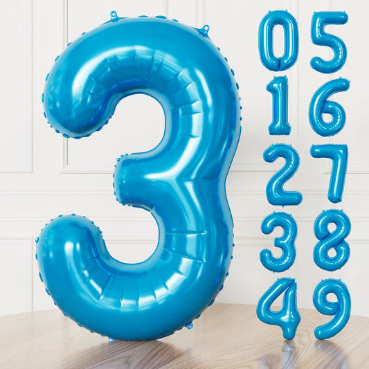 Adeyoo Blue Number Balloon 3-40" Large Blue Foil Number Balloons 0-9, Self Inflating Digital 3 Balloon for Boys 3rd 13th Men 30th Birthday Anniversary Graduation Party Decorations