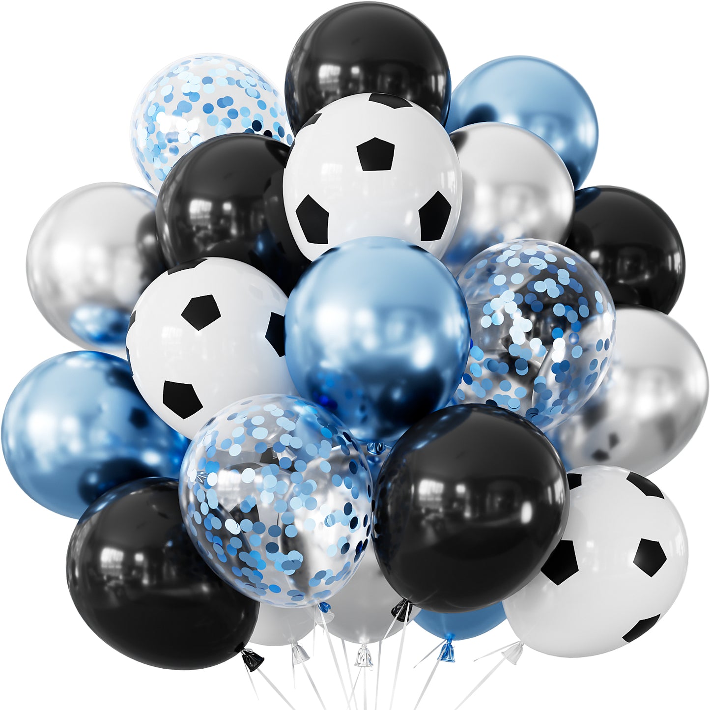 Football Balloons - 50 Pcs 12 Inch Black Blue Silver Balloons with Football Print Balloon Metallic Blue and Silver Confetti Latex Balloon for Soccer Sport Theme Birthday Party Decorations