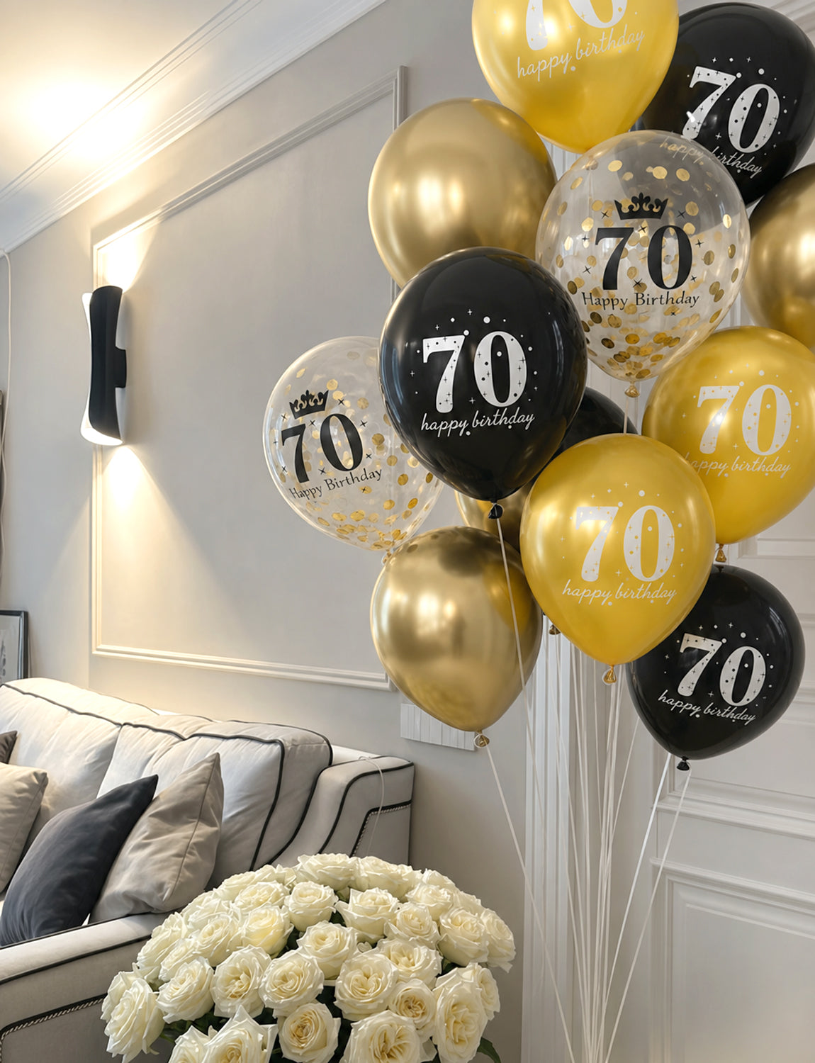 70th Birthday Balloons, 24 Pcs Black Gold Balloons for Men & Women 12 Inch Black and Gold Birthday Balloons, Gold Confetti Latex Balloons, 70th Birthday Decorations for Him & Her