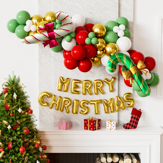 Adeyoo Candy Cane Balloons Arch - Christmas Balloons Arch Kit Garland, Christmas Party Decorations with MERRY CHRISTMAS Foil Balloon, Red Green White Xmas Balloons for Xmas Party Supplies