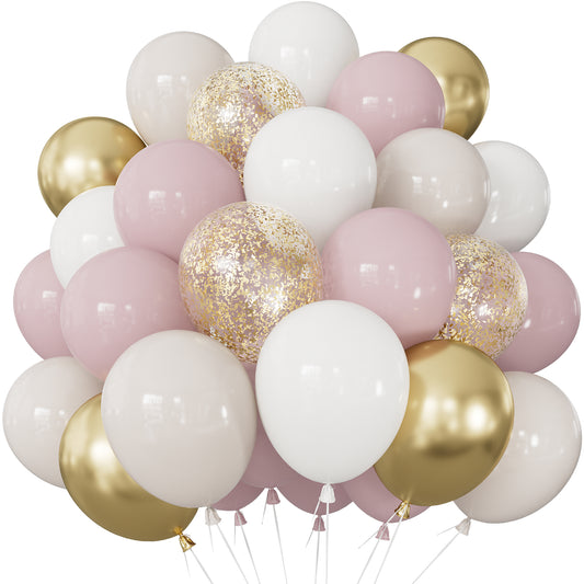 Dusty Pink and Gold Balloons, 50PCS 12 Inch Blush Pink, White & Metallic Gold Balloons with Confetti Balloon for Birthday, Bridal Shower & Wedding Party Decorations, Girls & Women