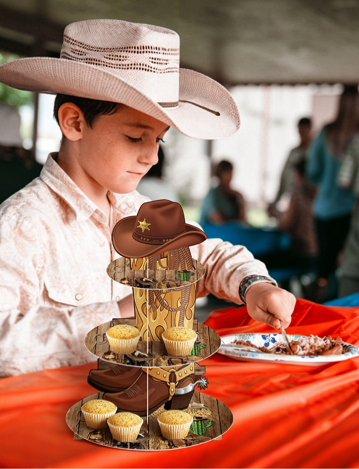 3 Tier Western Cowboy Cupcake Stand for Wild West Party Decorations Western Cupcake Holder, Cardboard Cupcake Stand for Dessert Table Display, Cowboy Birthday Baby Shower Party Decorations