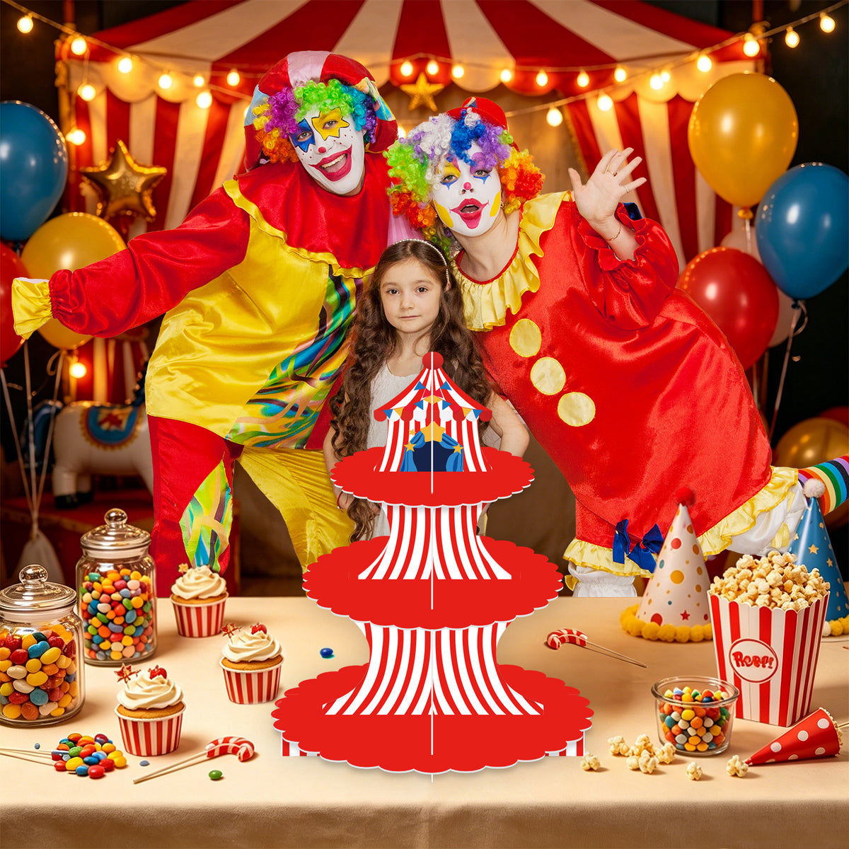 3 Tier Circus Carnival Cupcake Stand, Circus Tent Cupcake Holder Red and White Striped Cardboard Cupcake Stand, Carnival Decorations for Birthday Baby Shower Circus Party Decorations