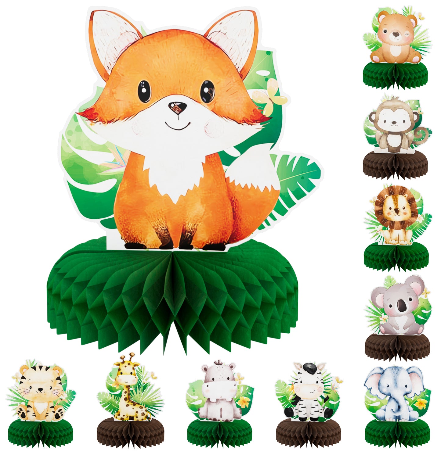 Adeyoo 10 Pcs Safari Honeycomb Centerpieces,Jungle Animals Centerpieces for Tables Baby Shower Safari Party Decorations Sage Green Themed Centerpieces for Forest Theme Birthday Wild One Supplies