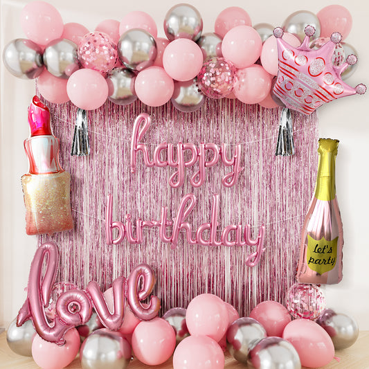 Pink Birthday Decorations for Girls and Women - Pink Party Decorations with Happy Birthday Balloons, Foil Fringe Curtain, Crown Champagne Lipstick Love Foil Balloons for Girls Princess Party Supplies