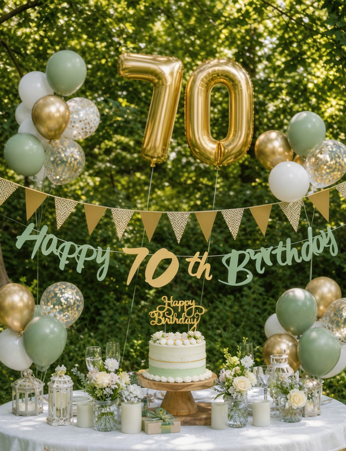 70th Birthday Decorations with 70th Birthday Banner for Women Men Sage Green Gold White Balloons, Number 70 Foil Balloon, Gold Bunting, Cake Topper for 50th Anniversary Birthday Party Decor