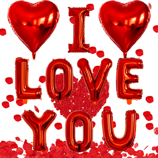 Adeyoo I Love You Balloons Decorations for Her Him - 18 Inch Heart Balloons with Rose Petals, Red Valentines Foil Balloon for Romantic Valentines Wedding Anniversary Proposal Engagement Party Supplies