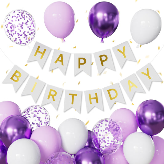 Purple Happy Birthday Banner - Purple Birthday Decorations with 12 Inch Lilac and White Latex Confetti Balloons Reusable Bunting Banner for Girls Women Pet Happy Birth Party Decorations