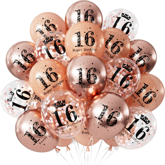 Adeyoo 24Pcs 16th Birthday Balloons - 12Inch Rose Gold 16th Birthday Decorations, Rose Gold Latex Confetti Balloons, Sweet 16 Birthdays Decorations for Girls Birth Anniversary Celebration Party