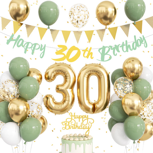 30th Birthday Decorations with 30th Birthday Banner for Women Men Sage Green Gold White Balloons, Number 30 Foil Balloon, Gold Bunting, Cake Topper for 30th Anniversary Birthday Party Decor