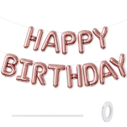 Adeyoo Happy Birthday Balloons Banner - 16 Inch Rose Gold Happy Birthday Foil Balloon Big Letter Balloons, Self Inflating Rose Gold Party Decorations for Women Girls Princess Boys Birth Party