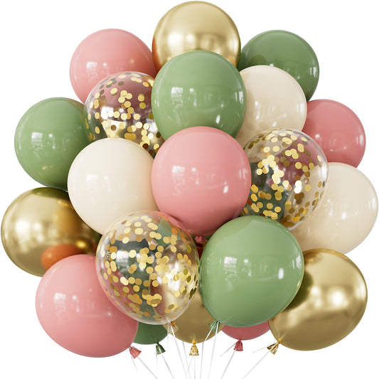 Pink and Green Balloons - 12 Inch Sage Green Dusty Pink Beige Gold Fairy Balloons with Gold Confetti Balloon Bright Tea Party Balloon for Easter Birthday Fairy Woodland Tea Party Decorations