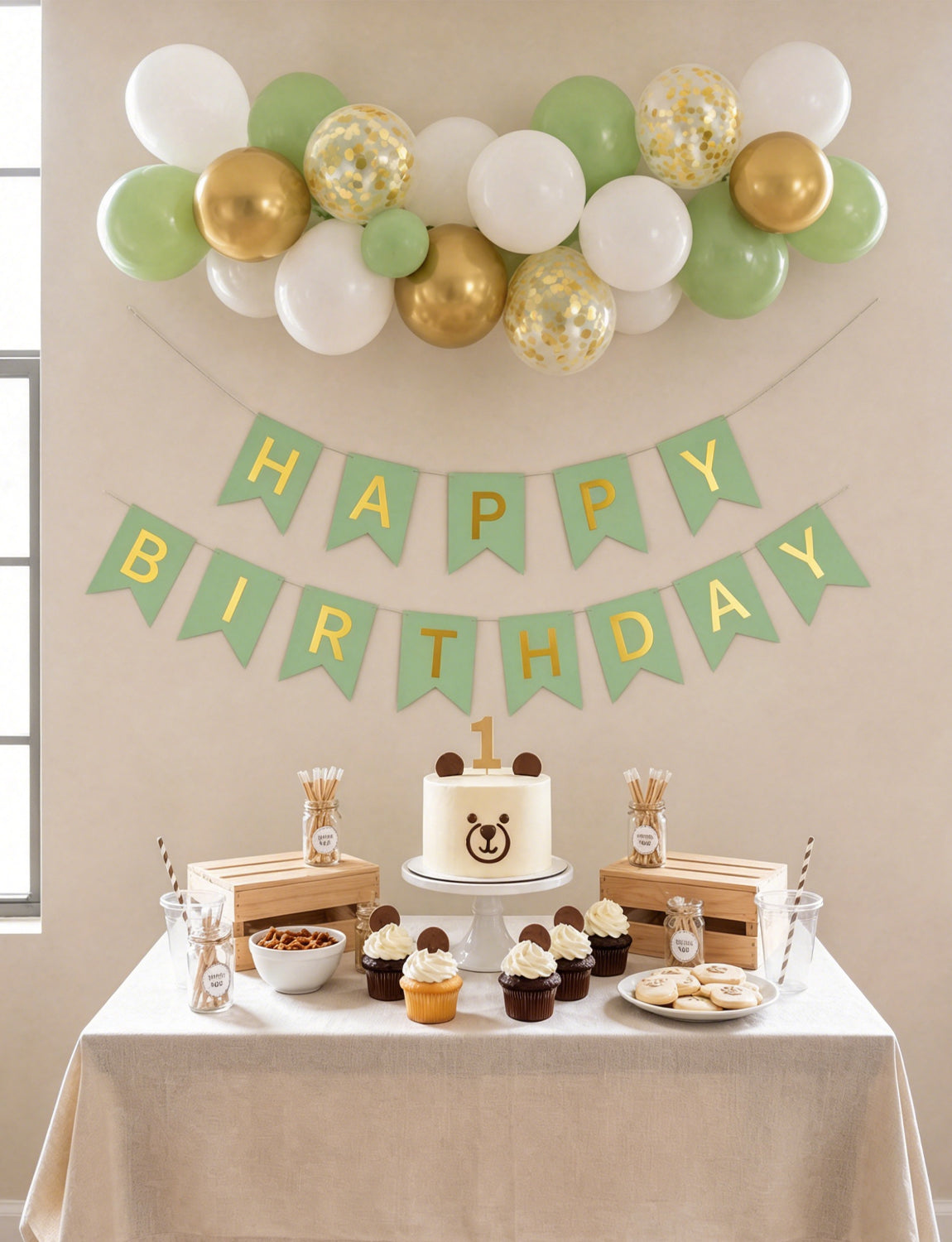 Green and Gold Happy Birthday Banner - Green Party Decorations with 12 Inch White and Gold Happy Birthday balloons Reusable Bunting Banner for Men Women Pet Happy Birth Party Decorations