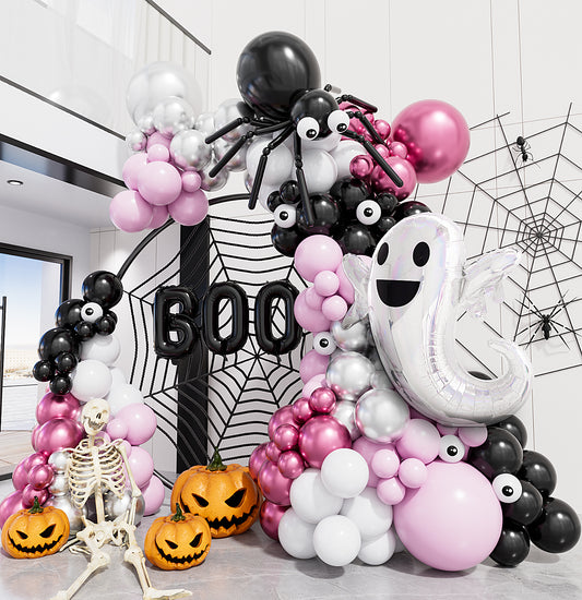 Adeyoo Black Pink Halloween Balloon Garland Arch Kit,122Pcs Halloween Balloons Metallic Red Silver Balloons Large Boo Ghost Foil Balloons Spider Balloons for Girl Birthday Baby Shower Party Decoration