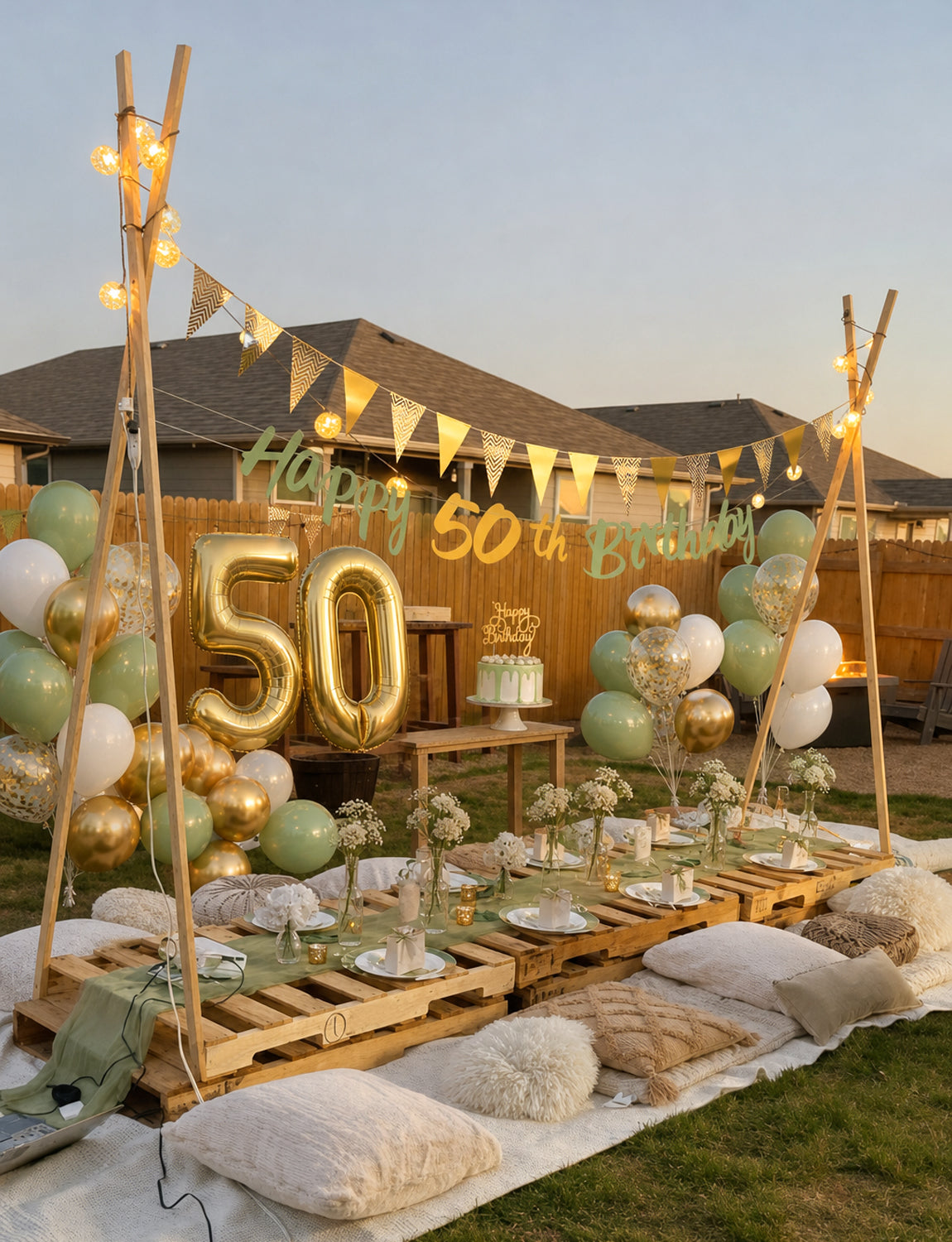 50th Birthday Decorations with 50th Birthday Banner for Women Men Sage Green Gold White Balloons, Number 50 Foil Balloon, Gold Bunting, Cake Topper for 50th Anniversary Birthday Party Decor