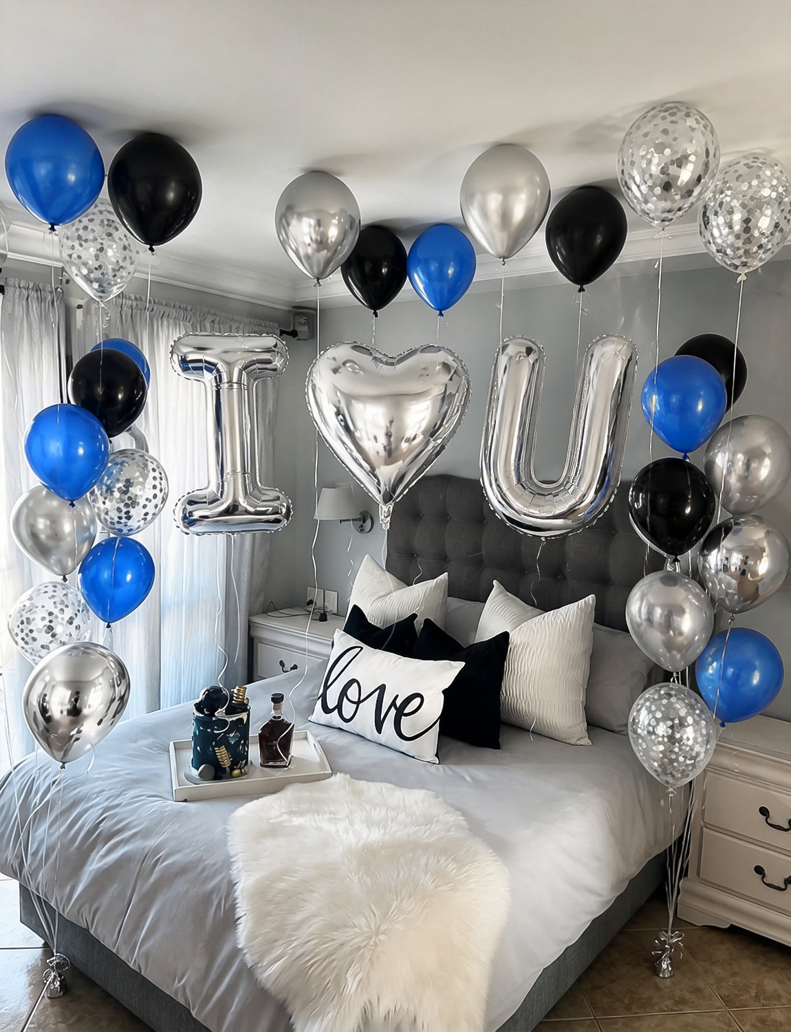Blue and Black Proposal Decorations Kit - I Love You Balloons with Blue Black Silver Latex Confetti Balloons Heart Foil Balloons, 600Pcs Rose Petals Romantic Decoration Kit for Him/Her