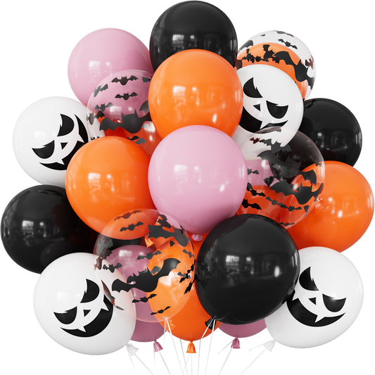 Halloween Balloons, Pink Orange Black Balloons for Halloween Decor 50 Pcs 12 Inch Halloween Latex Balloons, Bat Ghost Print Balloons for Girls Halloween Spooky One Scary Party Decorations