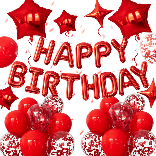 Red Happy Birthday Banner - Happy Birthday Decorations with Red Balloons and Foil Star Balloons Glitter Party Decorations for Women Men Pet Birth Party, Photo Shoot Supplies