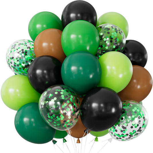 Adeyoo Green Brown Balloons - 12 Inch Black Green Brown Balloons with Confetti Balloon Glitter Party Balloon for Jungle Safari Baby Shower Dinosaur Woodland Hunting Video Game Theme Party Decorations