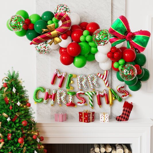Adeyoo Christmas Balloon Arch Kit Garland - Xmas Balloons with Red Green Balloon, Large Bow, Candy Cane, Merry Christmas Foil Balloons for Birthday Xmas Party Decorations, Indoors Outdoor