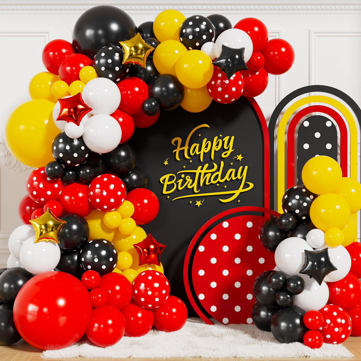 Red Black Yellow Balloon Garland Arch Kit for Birthday Party Decor 144 Pcs Different Size Latex Balloons, Polka Dots and star foil Balloon for Cartoon Mouse Theme Baby Shower Anniversary Party