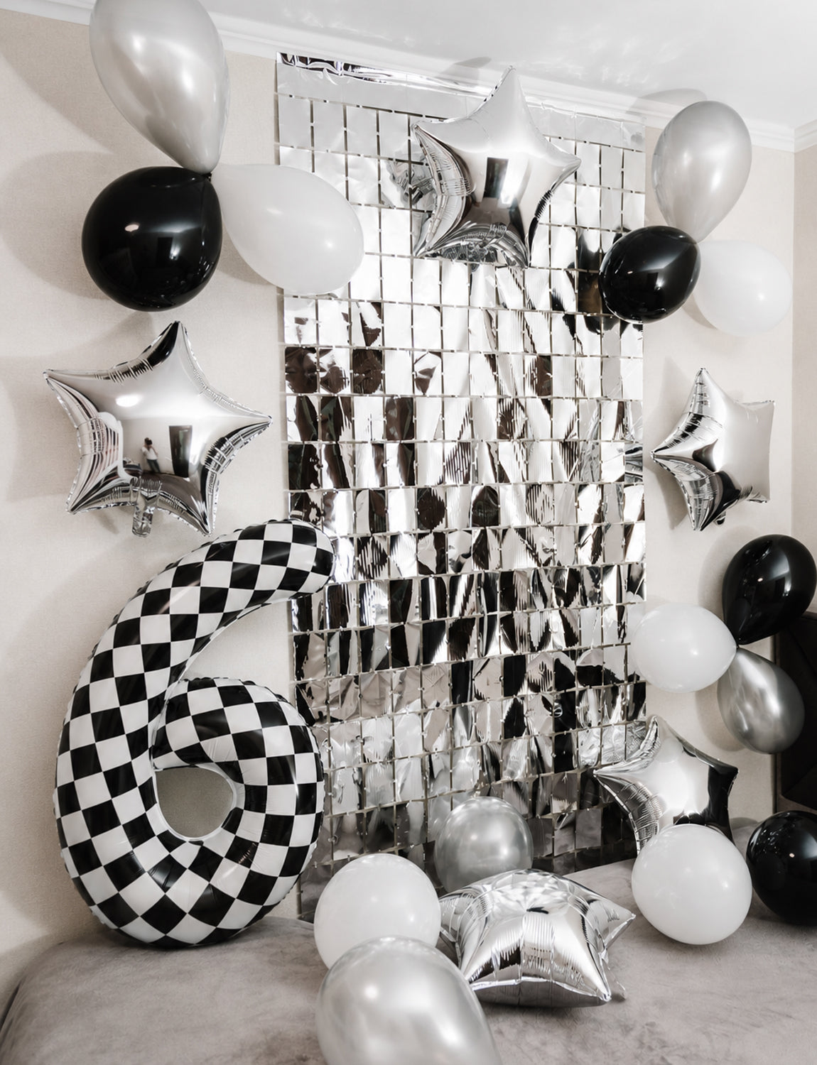 40 Inch Checkered Number 6 Balloon for Racing Birthday Decorations Large Number 6 Balloon, Black and White Foil Balloon for Birthday, Baby Shower, Race Car and Checkered Flag Party Decorations